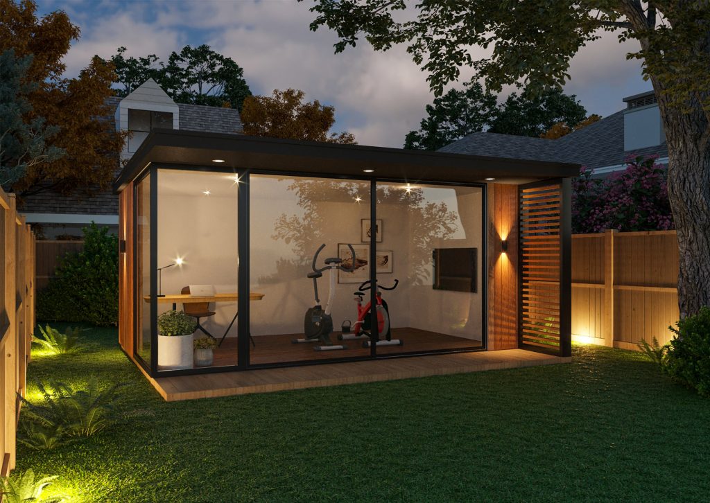 Premium corner window garden room being used as an office and a gym